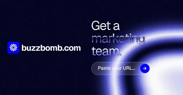 Social ad for BuzzBomb: "Get a marketing team." Agentic glass style, logo hero layout, dark palette in black, blue.