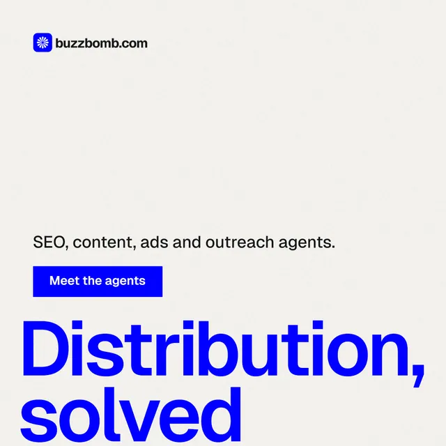 Instagram post for BuzzBomb: "Get a marketing team." Swiss style, oversized layout, light palette in white, blue.