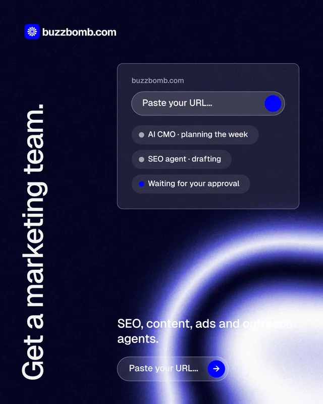 Instagram portrait post for BuzzBomb: "Get a marketing team." Agentic glass style, vertical layout, dark palette in black, blue.