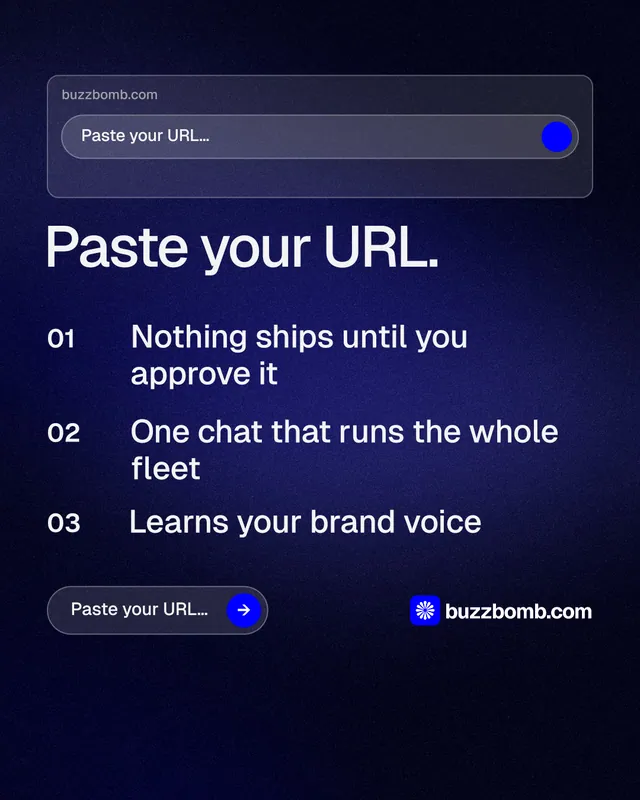 Instagram portrait post for BuzzBomb: "Paste your URL." Agentic glass style, numbered layout, dark palette in black, blue, grey.