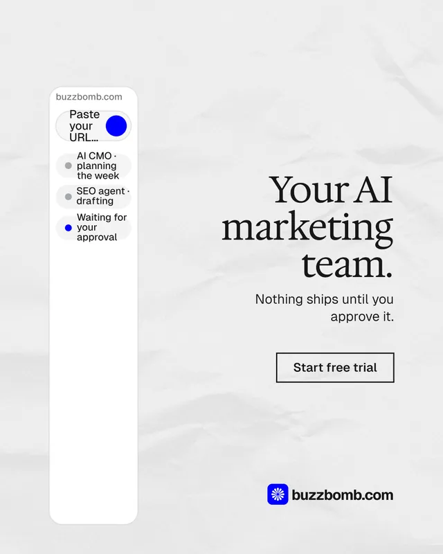 Instagram portrait post for BuzzBomb: "Your AI marketing team." Editorial style, right layout, light palette in white.