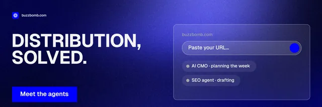X header for BuzzBomb: "Distribution, solved." Swiss style, bottom layout, dark palette in blue.