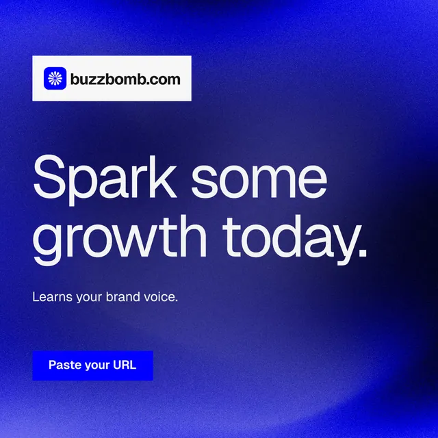 Instagram post for BuzzBomb: "Spark some growth today." Swiss style, announce layout, dark palette in blue.