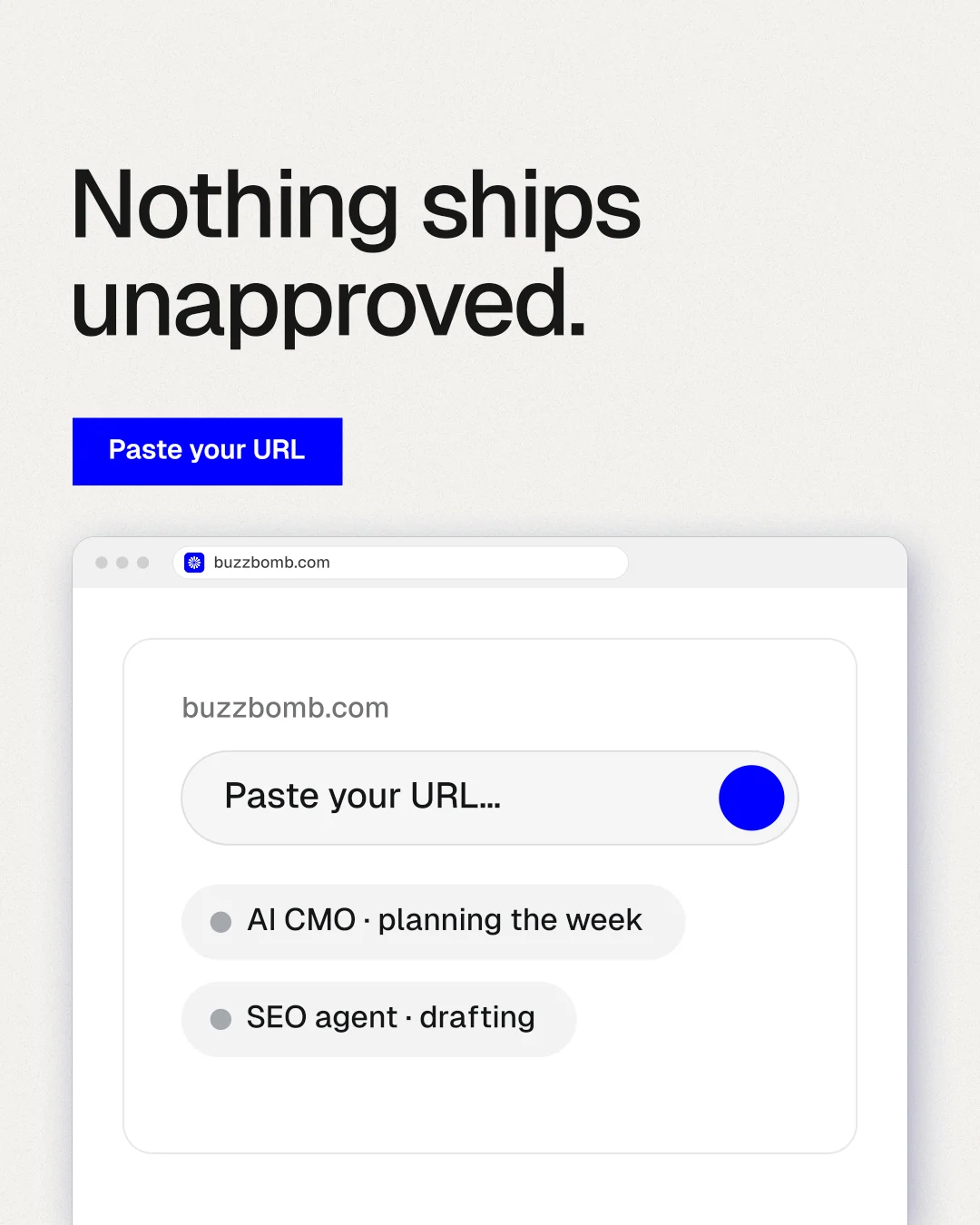 Instagram portrait post for BuzzBomb: "Nothing ships unapproved." Swiss style, browser layout, light palette in white.