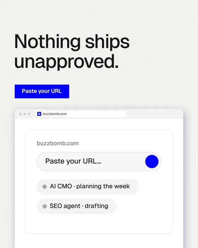Instagram portrait post for BuzzBomb: "Nothing ships unapproved." Swiss style, browser layout, light palette in white.