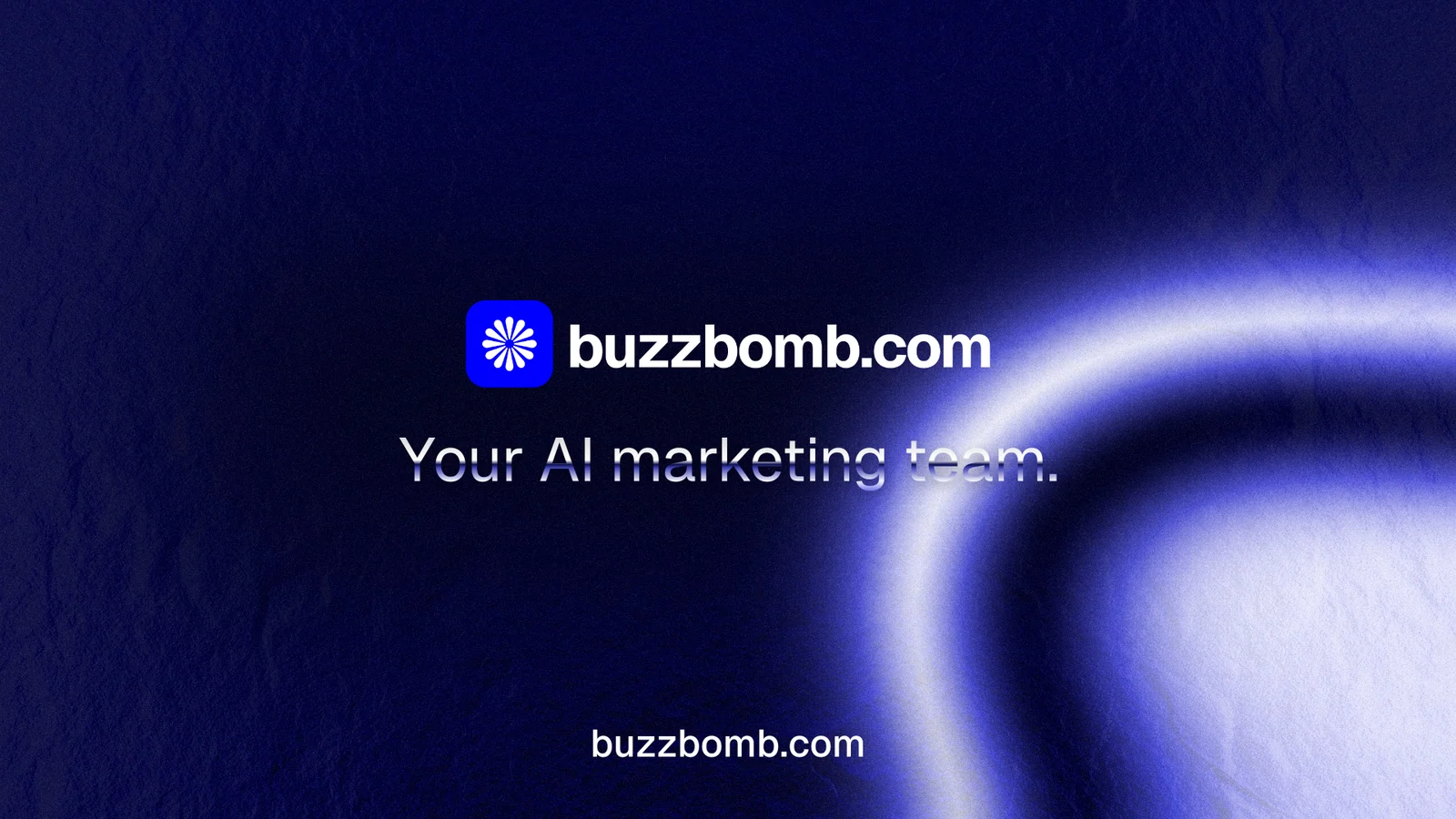 Landscape graphic for BuzzBomb: "Your AI marketing team." Agentic glass style, end card layout, dark palette in blue, black.