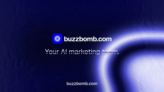 Landscape graphic for BuzzBomb: "Your AI marketing team." Agentic glass style, end card layout, dark palette in blue, black.