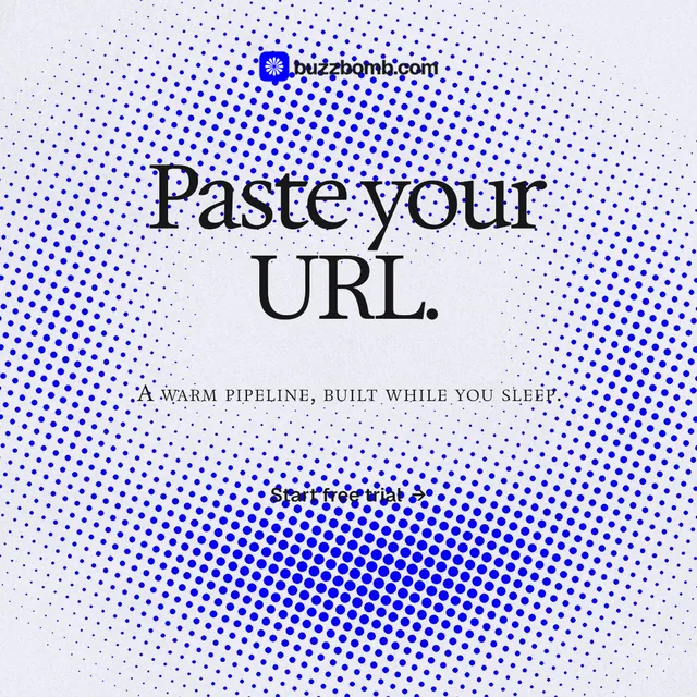 Instagram post for BuzzBomb: "Paste your URL." Swiss style, smallcaps layout, light palette in blue, white.