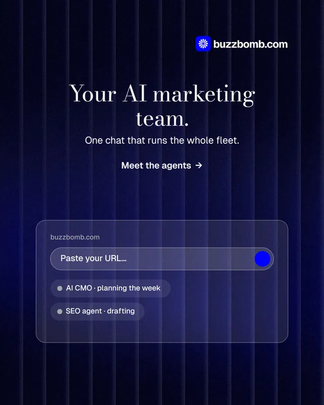 Instagram portrait post for BuzzBomb: "Your AI marketing team." Minimal luxury style, centred layout, dark palette in black, blue.