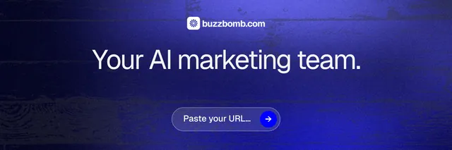 X header for BuzzBomb: "Your AI marketing team." Agentic glass style, centred layout, dark palette in blue.