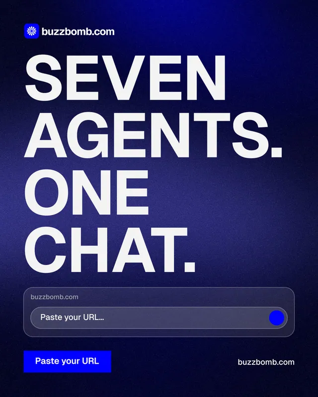 Instagram portrait post for BuzzBomb: "Seven agents. One chat." Swiss style, poster layout, dark palette in blue, black, grey.