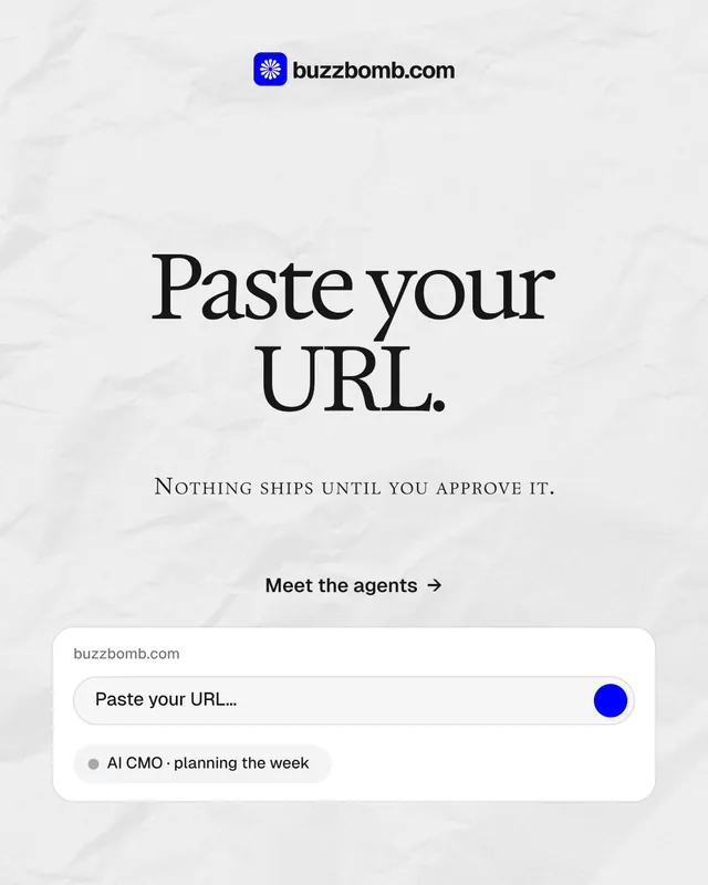 Instagram portrait post for BuzzBomb: "Paste your URL." Swiss style, smallcaps layout, light palette in white.