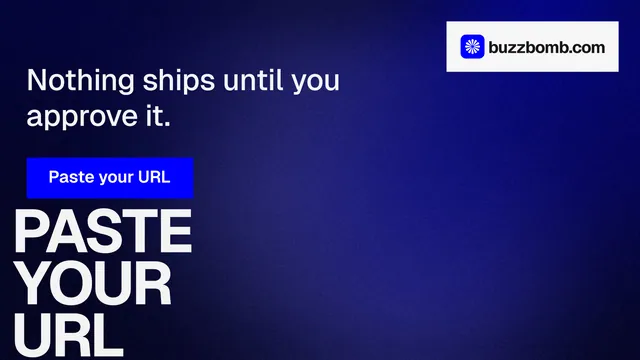 Landscape graphic for BuzzBomb: "Paste your URL." Swiss style, oversized layout, dark palette in blue, grey.