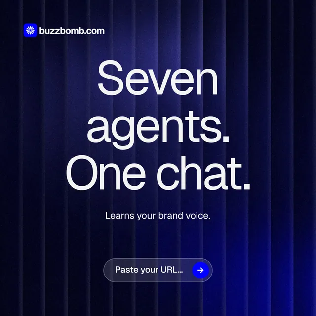 Instagram post for BuzzBomb: "Seven agents. One chat." Agentic glass style, centred layout, dark palette in black, blue, grey.