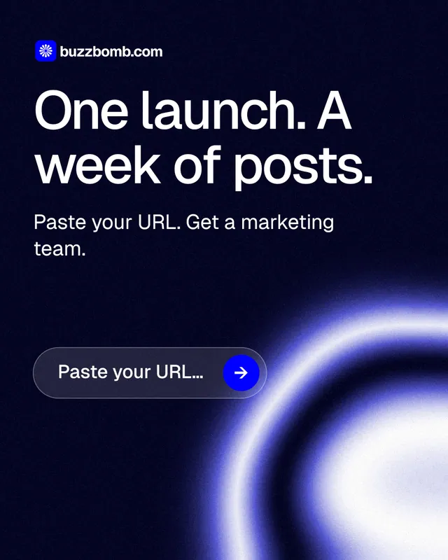Instagram portrait post for BuzzBomb: "One launch. A week of posts." Agentic glass style, skeleton layout, dark palette in black, blue.