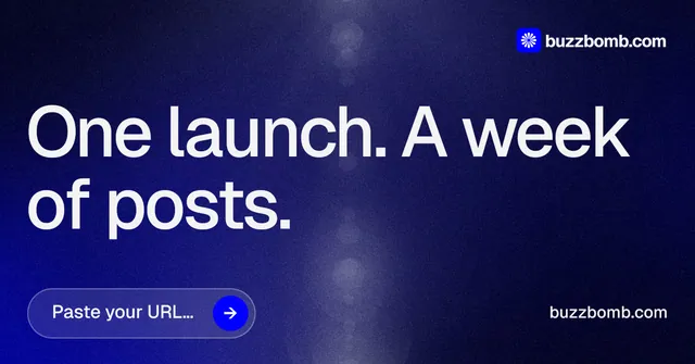 Social ad for BuzzBomb: "One launch. A week of posts." Agentic glass style, poster layout, dark palette in black, blue, grey.