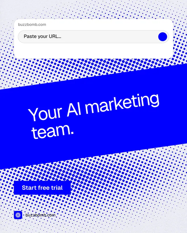 Instagram portrait post for BuzzBomb: "Your AI marketing team." Split block style, diagonal layout, light palette in blue, white.