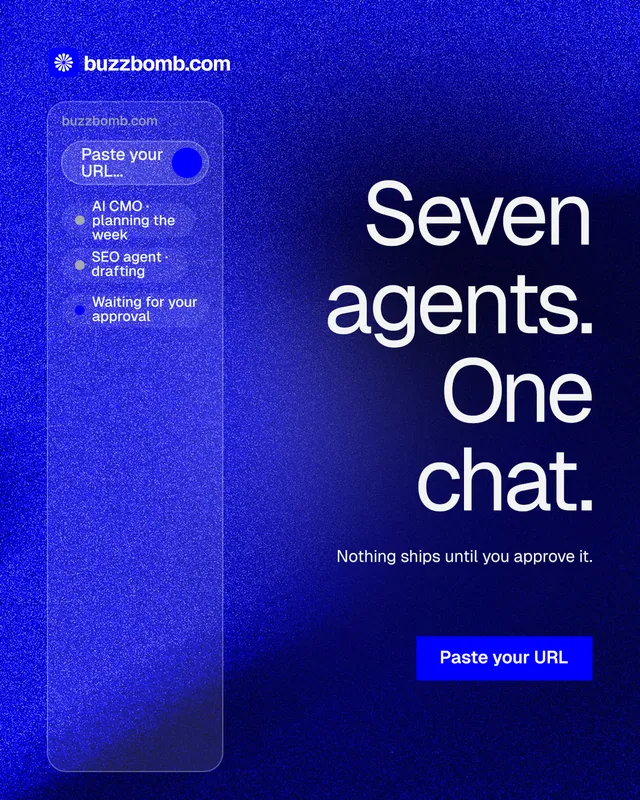 Instagram portrait post for BuzzBomb: "Seven agents. One chat." Swiss style, right layout, dark palette in blue.