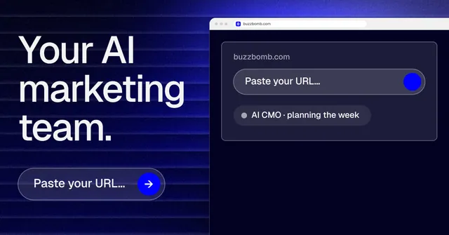 Social ad for BuzzBomb: "Your AI marketing team." Agentic glass style, browser layout, dark palette in blue, black, grey.