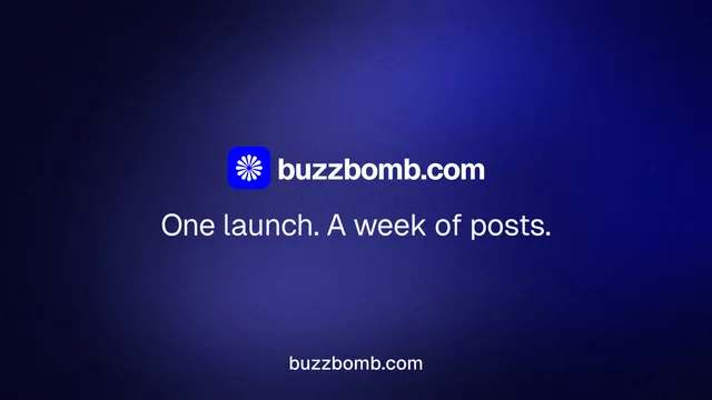Landscape graphic for BuzzBomb: "One launch. A week of posts." Agentic glass style, end card layout, dark palette in black, blue.