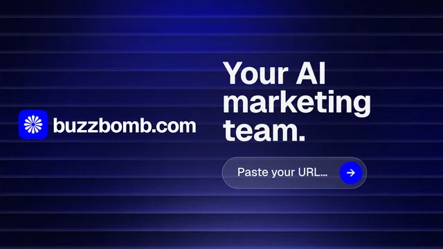 Landscape graphic for BuzzBomb: "Your AI marketing team." Agentic glass style, logo hero layout, dark palette in black, blue, grey.
