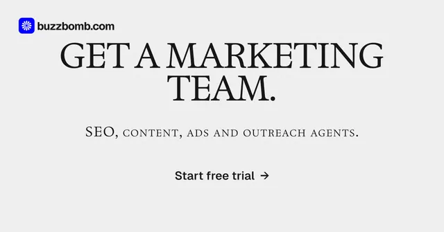 Social ad for BuzzBomb: "Get a marketing team." Swiss style, smallcaps layout, light palette in white, grey.