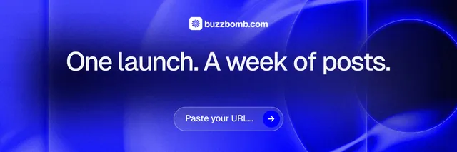 X header for BuzzBomb: "One launch. A week of posts." Agentic glass style, centred layout, dark palette in blue.