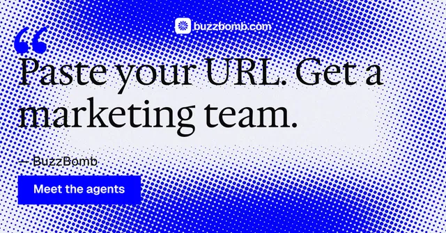 Social ad for BuzzBomb: "Spark some growth today." Swiss style, quote layout, light palette in blue, white.