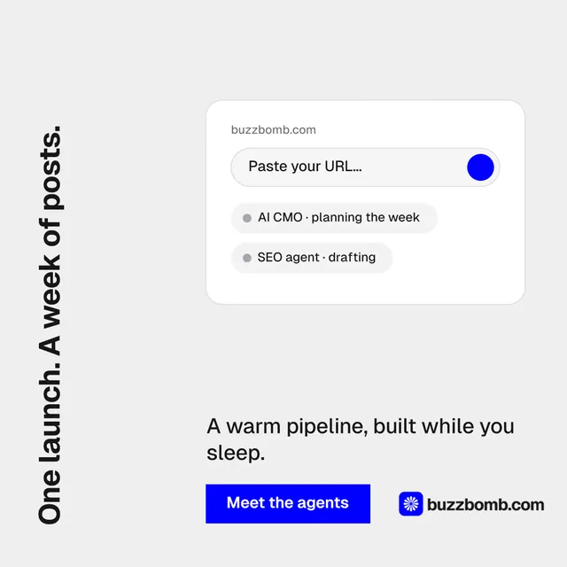 Instagram post for BuzzBomb: "One launch. A week of posts." Swiss style, vertical layout, light palette in white, blue.