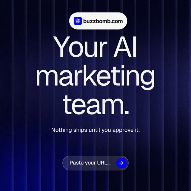 Instagram post for BuzzBomb: "Your AI marketing team." Agentic glass style, centred layout, dark palette in black, blue, grey.