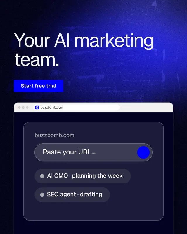 Instagram portrait post for BuzzBomb: "Your AI marketing team." Swiss style, browser layout, dark palette in black, blue, grey.