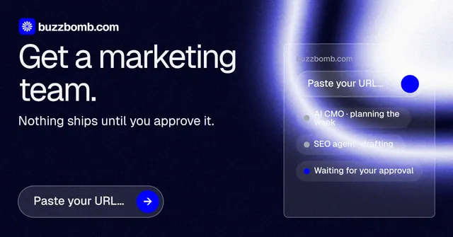Social ad for BuzzBomb: "Get a marketing team." Agentic glass style, skeleton layout, dark palette in black, blue.