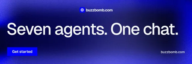 X header for BuzzBomb: "Seven agents. One chat." Swiss style, poster layout, dark palette in blue.