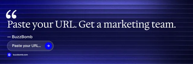 X header for BuzzBomb: "Distribution, solved." Agentic glass style, quote layout, dark palette in blue.
