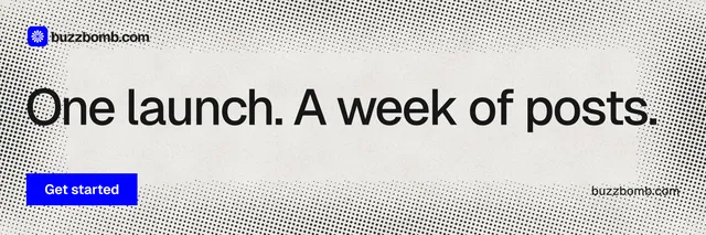 X header for BuzzBomb: "One launch. A week of posts." Swiss style, poster layout, light palette in grey, white.