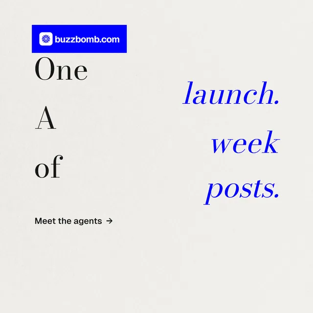 Instagram post for BuzzBomb: "One launch. A week of posts." Minimal luxury style, stacked layout, light palette in white, blue.