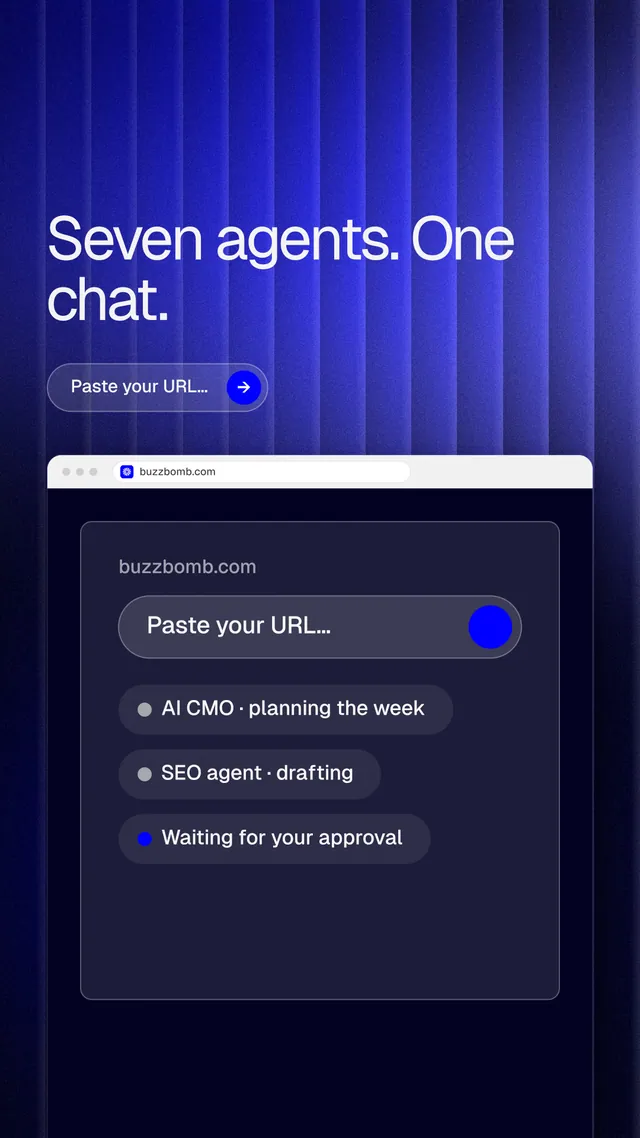 Instagram story for BuzzBomb: "Seven agents. One chat." Agentic glass style, browser layout, dark palette in blue, black.