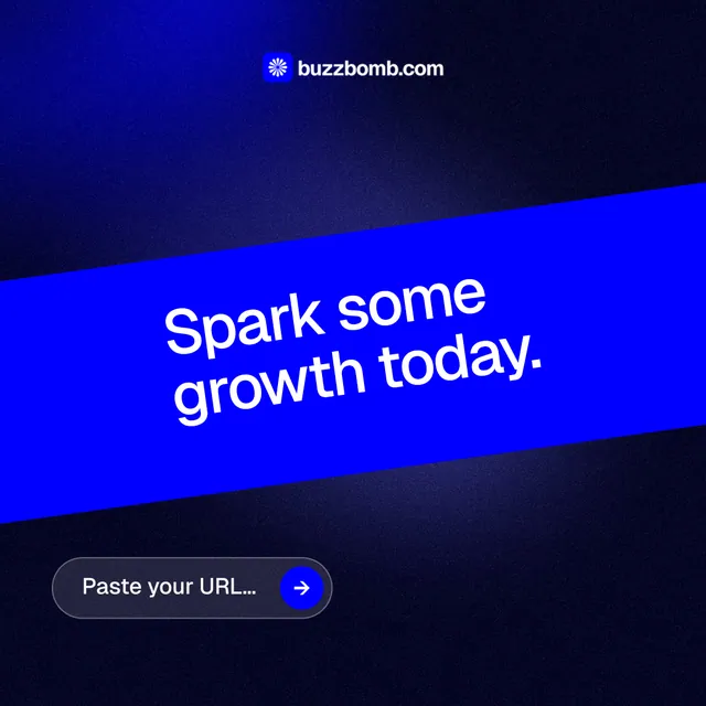 Instagram post for BuzzBomb: "Spark some growth today." Agentic glass style, diagonal layout, dark palette in black, blue.