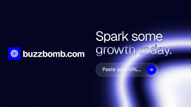 Landscape graphic for BuzzBomb: "Spark some growth today." Agentic glass style, logo hero layout, dark palette in black, blue.