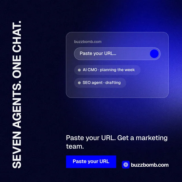Instagram post for BuzzBomb: "Seven agents. One chat." Swiss style, vertical layout, dark palette in black, blue.