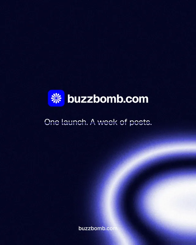 Instagram portrait post for BuzzBomb: "One launch. A week of posts." Agentic glass style, end card layout, dark palette in black, blue.