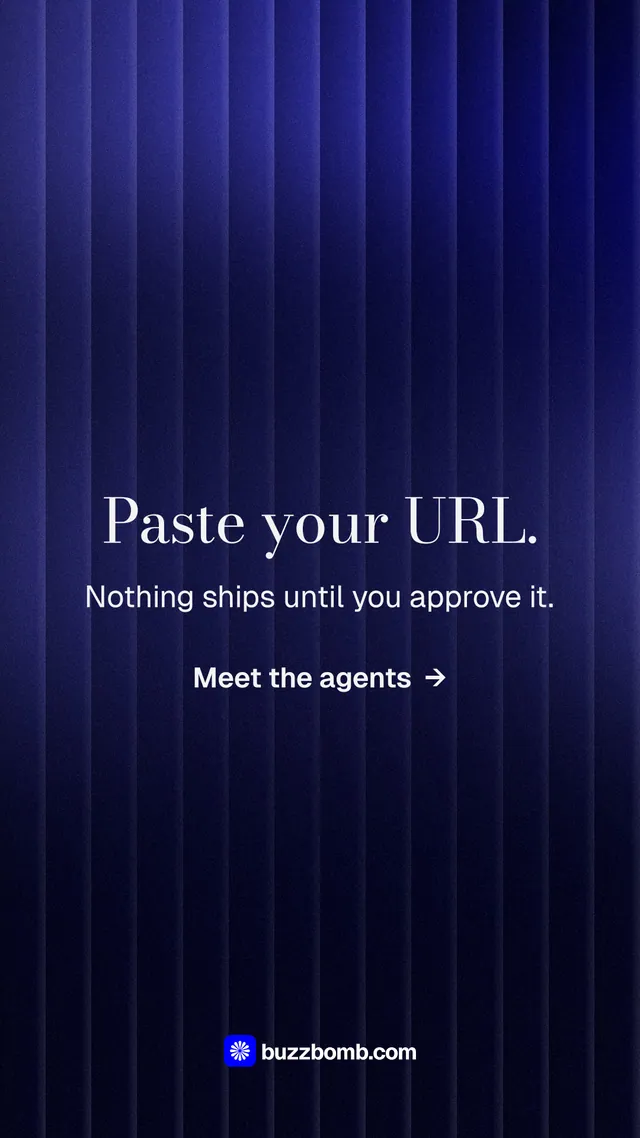Instagram story for BuzzBomb: "Paste your URL." Minimal luxury style, skeleton layout, dark palette in black, blue.