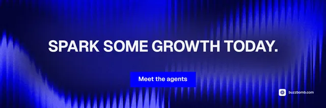 X header for BuzzBomb: "Spark some growth today." Swiss style, centred layout, dark palette in blue.