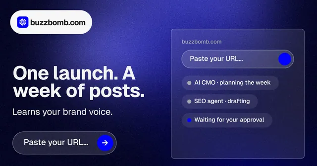 Social ad for BuzzBomb: "One launch. A week of posts." Agentic glass style, bottom layout, dark palette in blue, black, grey.