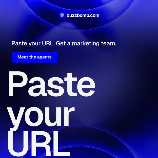 Instagram post for BuzzBomb: "Spark some growth today." Swiss style, oversized layout, dark palette in black, blue.