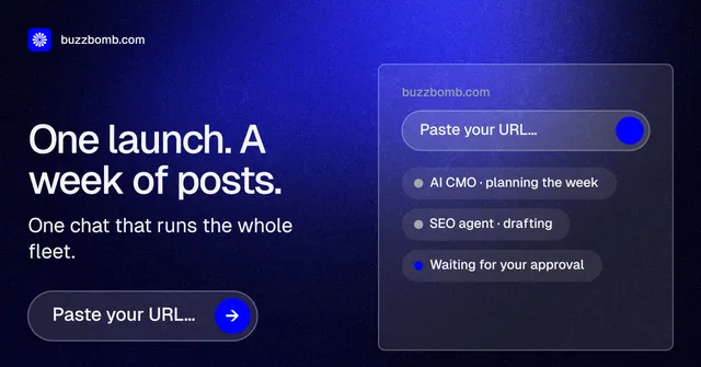 Social ad for BuzzBomb: "One launch. A week of posts." Agentic glass style, bottom layout, dark palette in black, blue.