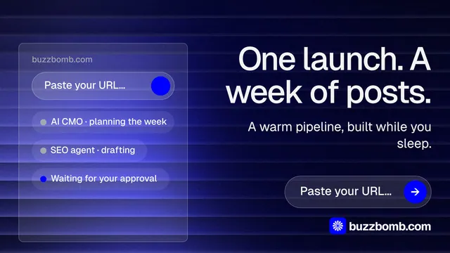 Landscape graphic for BuzzBomb: "One launch. A week of posts." Agentic glass style, right layout, dark palette in black, blue.