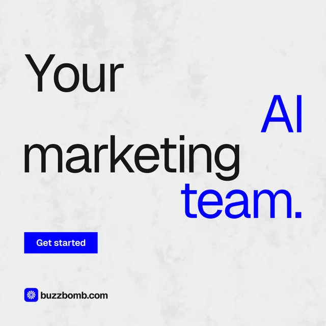 Instagram post for BuzzBomb: "Your AI marketing team." Swiss style, stacked layout, light palette in white, blue.