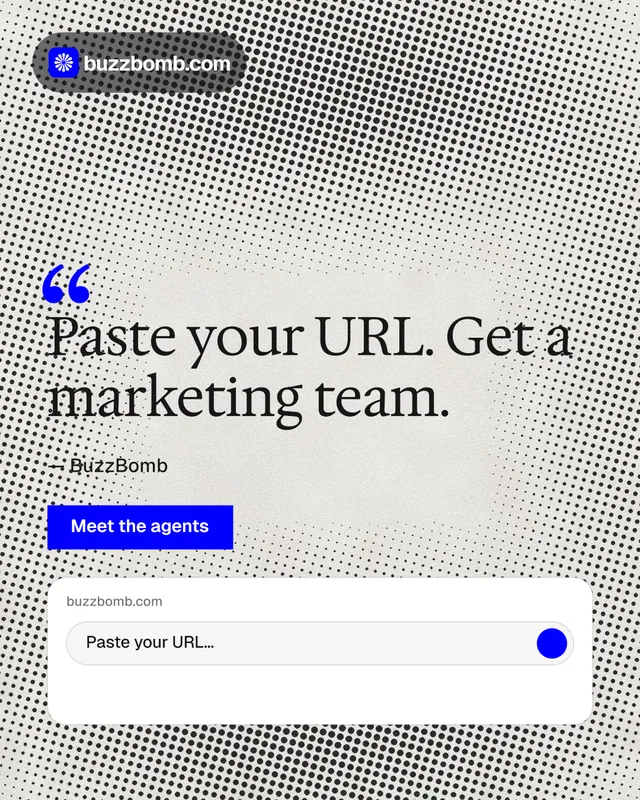 Instagram portrait post for BuzzBomb: "Get a marketing team." Swiss style, quote layout, light palette in grey, white.