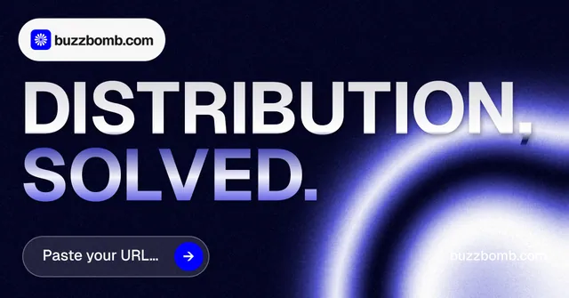 Social ad for BuzzBomb: "Distribution, solved." Agentic glass style, poster layout, dark palette in black, blue.